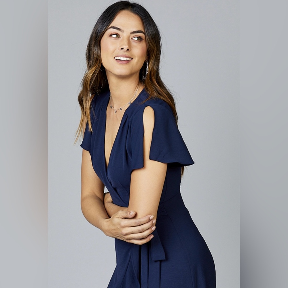 Altar’d State Springvale Wrap Maxi Dress Blue Tie Waist Asymmetrical Ruffle Sz L